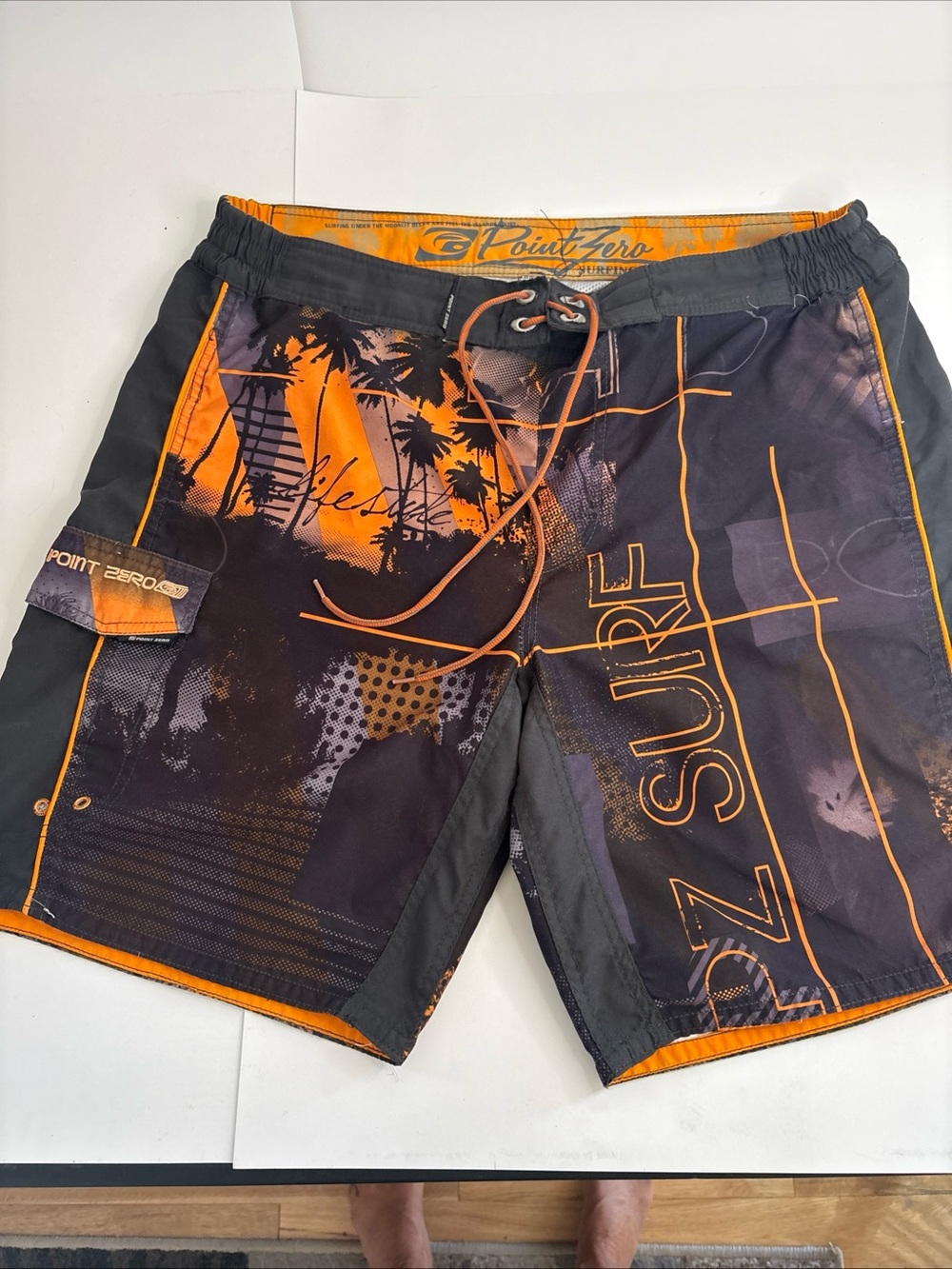 Point Zero Orange & Black Graphic Surf Board Shorts
